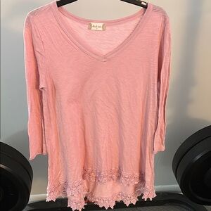 Pink Lace Trim V-Neck Top